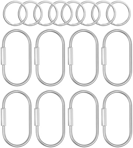 8 Pack Sliver Brass Key Ring Secure Screw Lock Carabiner Brass Keychain Clip with O Key Rings Purse Bag Charms for Handbags Dog Leash Pet Tags