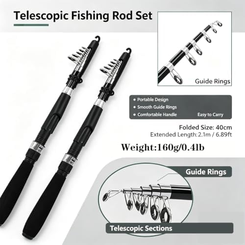 Fishing Pole Combo Set,2.1m/6.89ft 2PCS Collapsible Rods 2PCS Spinning Reels Lures Set Carrier Bag Carbon Fiber Telescopic Fishing Rods Sea Saltwater Freshwater Kit Fishing Rod Reel Combos