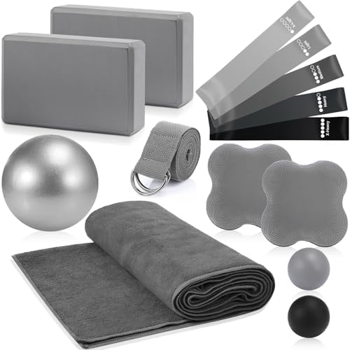 Simgoing 14 Pcs Yoga Kits for Home Workouts Pilates Equipment Set for Women Beginners, Hot Yoga Towel Blocks Strap, Knee Pad, Resistance Loop Exercise Band, Massage Lacrosse Ball, Pilates Ball