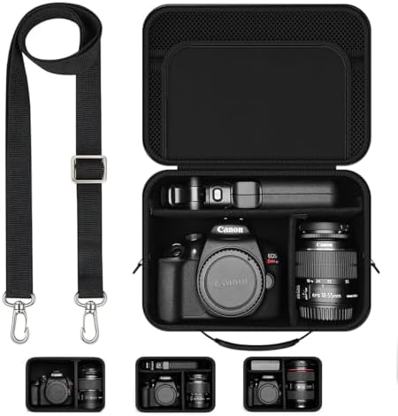 Hard Shell Camera Case Compatible with Canon EOS Rebel T7/R50/R100 and More DSLR & Mirrorless Cameras – Portable Travel Bag with Adjustable Dividers, Mesh Pocket & Shoulder Strap (Black)