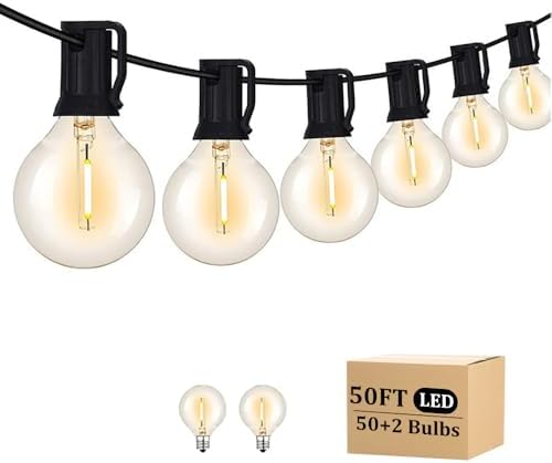 Outdoor String Light 50FT Patio Black with 52 Shatterproof G40 LED Clear Globe Bulbs for Indoor/Outdoor, Connectable Hanging Lights for Backyard Balcony Party Decor