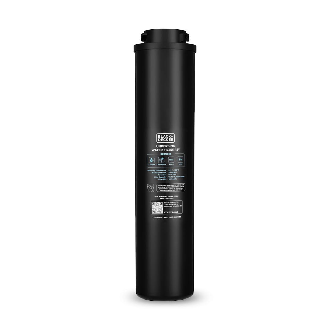 BLACK+DECKER Undersink Water Filter 15’’ | 2 Years | Reduces CHLORAMINE, Chlorine,Lead, PFAS, Bad Taste, Odor | Under Counter Water Filter Direct Connect to Kitchen Faucet | NSF/ANSI 42 Certified
