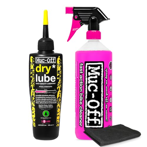 Muc-Off Nano Tech Bike Cleaner 1 Liter & Bio Dry Chain Lube 120ml Bundle with Microfiber Towel | Ultimate Bike Cleaning & Lubrication Kit | Safe on All Surfaces | Wax-Based Lube for Dry Conditions