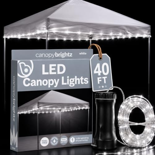 Brightz LED Canopy Lights, White 40ft String Light for 10x10 Tents | Outdoor canopy tent lights; football tailgate essentials & accessories; fits 10ft x 10ft pop up tents