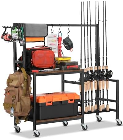 EXTCCT Fishing Rod Holder, Rolling 16 Pole Rack Cart for Garage, Brown