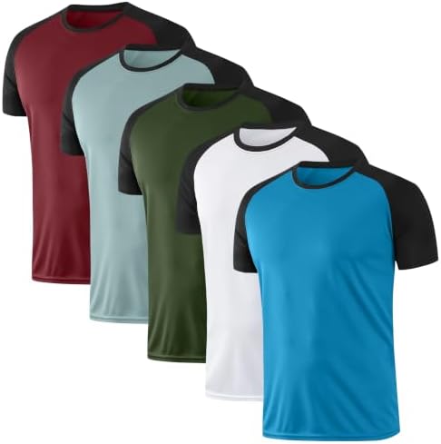 HovSiyla 5 Pack Mens Quick Drying Shirts Crew Neck Loose Breathable Cool Workout Running Athletic Outdoor Sports Casual Tops