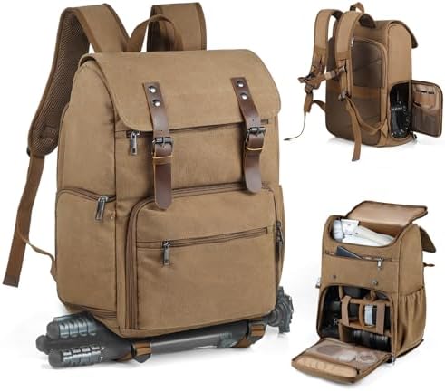 SMRITI Canvas Camera Bag Backpack with Quick Access Pocket & Tripod Holder, 14 Inch Laptop Camera Back Pack Anti-Theft DSLR/SLR Mirrorless Camera bag for Photographers Compatible with Canon/Nikon/Sony