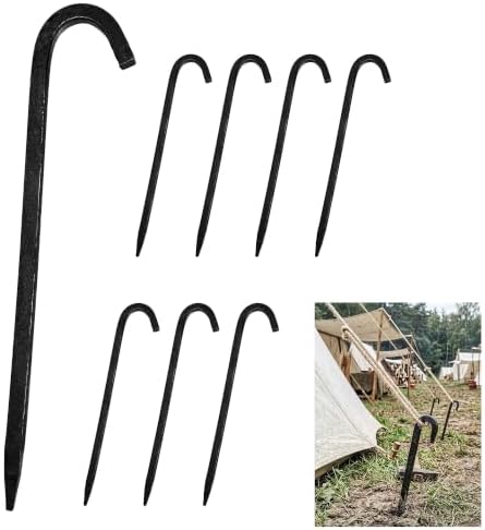 Hand Forged Iron Tent Stakes, 10 Inch Heavy Duty Tent Pegs, 8 Pcs Camping Stakes for Tents, Shelters, Tarps and Reenactments