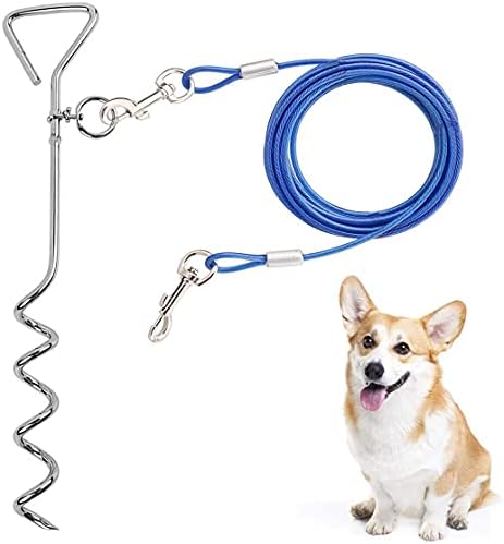 CLKHOWL Dog Stake Tie Out Cable - 16/30" Anti Rust Reflective Stake for Medium Large Dogs Up to 125 lbs, Dog Cable Runner and Metal Hooks for Yard, Camping, or Outdoors (Blue, 16FT)
