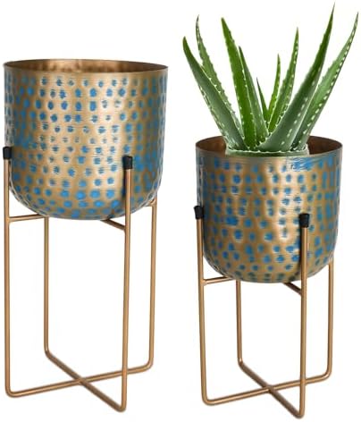 Set of 2 Metal Planters with Stands – 16″ & 12″ Decorative Flower Pots for Indoor & Outdoor Plants | Rustic Home & Garden Décor for Living Room, Patio, Balcony, Housewarming Gift