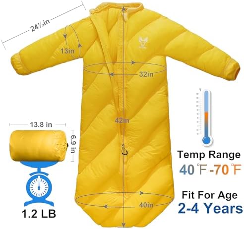 T40 Toddler Sleeping Bags Boys Girls | Ages 2-4 | Puffy Kids Sleeping Bag Camping Sleepovers |up to 46 in| Lightweight Compact Comfort for Indoor Outdoor Machine Washable (Yellow)