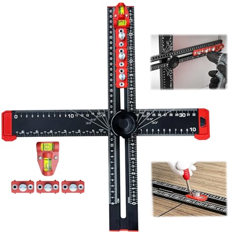 4-in-1 Drilling Positioning Ruler, Multi-Function T-Square，Adjustable 14 inches/35 cm, Woodworking Marking Tool, Cabinet Hole Drilling Template for Precise Drilling Angle Measurement and Marking