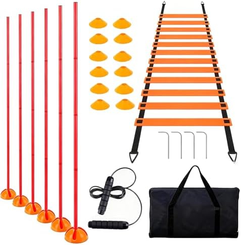 6PCS 6FT Adjustable Soccer Agility Training Poles, Soccer Agility Training Equipment with 20 ft Speed Ladder, 12 Disc Cones and Weighted Jump Ropes, Speed & Agility Turf Training Poles Drills
