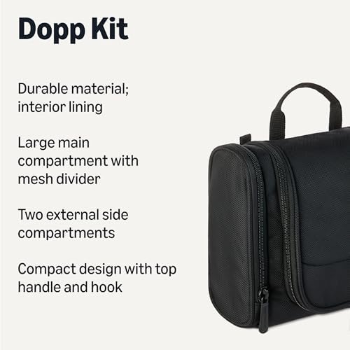 Amazon Essentials Spacious Toiletry Bag, Hanging Cosmetic Dopp Kit with Multiple Compartments, Durable Polyester, Large Capacity Storage, Compact Design, Black (Previously Amazon Basics)