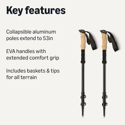 Amazon Basics Trekking Poles, Lightweight Collapsible Hiking Sticks with Quick Lock, EVA Grip & All-Terrain Accessories, Adjustable Aluminum, Black, 53in