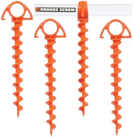 Orange Screw Ultimate Ground Anchors: Heavy Duty Screw-in Tent Stakes for High Wind, Sand, Canopies, and Camping - Made in USA, 100% Recycled, Included T-Grip Tool - (Small, 4 Pack)