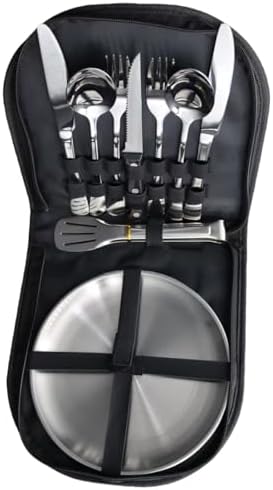 Outdoor Camping and Picnic Tableware Set, Stainless Steel Knives, Forks, Spoons, Plates, Food Tongs, Portable Tableware Set with Storage Bag
