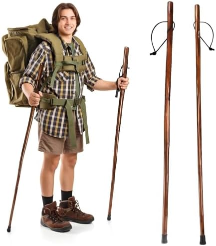 2 Pack Wood Walking Stick, 48 in Natural Wooden Walking Cane, Rustic Cedarwood Hiking Sticks Trekking Poles with Wrist Strap and Rubber Tip for Outdoor Activities, Women, Men