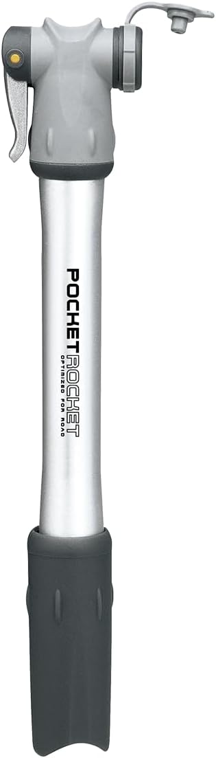 Topeak Pocket Rocket Bike Mini Hand Pump, Compact, High-Pressure for Road Bikes, 160 PSI/11 Bar, Aluminum Barrel, Dual-Density Handle, Integrated Dust Cap and Side Mount Bracket (Silver/Black)