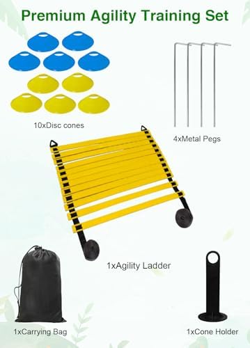 Hands Free Speed Agility Training Equipment Set - 20ft Agility Ladder, 10 Disc Cones, Resistance Parachute, 5 Resistance Bands & Carry Bag | Football Soccer Basketball Fitness Drills