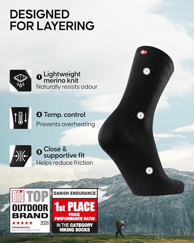 DANISH ENDURANCE Hiking Liner Socks, 2 & 4-Pack, Black, Medium