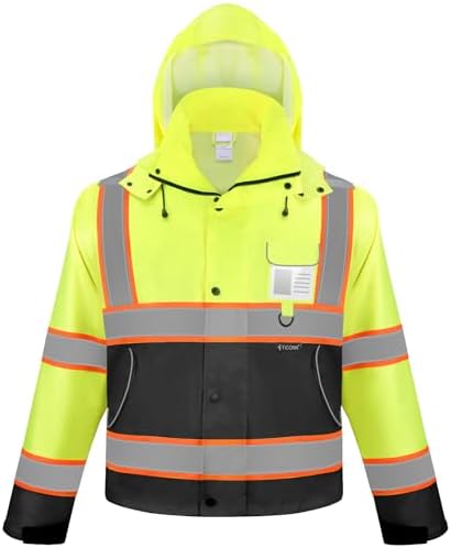 TICONN Reflective Rain Jacket, Waterproof ANSI Class 3 Hi Vis Safety Coat