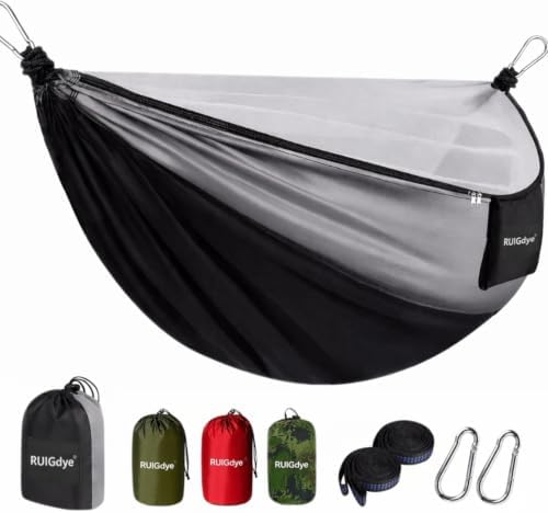 Camping Hammock with Mosquito Net, 650 lbs Portable Hammock with Tree Straps, Parachute Nylon Hammock, 2-in-1 Double/Single Travel Hammock Tent for Outside、Indoor、Backpacking、Beach - Black & Grey