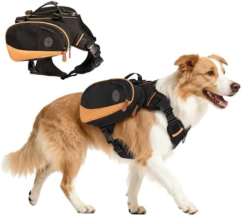 Dog Backpack for Medium & Large Dogs, Detachable Side Bags, Quick-Poop Bag Dispenser | No-Pull Adjustable Harness for Large-Chested Breeds | Non-Slip Handle for Hiking, Walking, Outdoor Adventures（S）