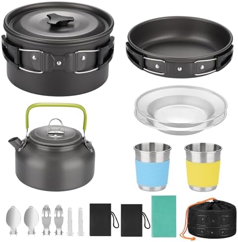 17pcs Camping Cookware Kit, Nonstick Pots Pans and Kettle Set