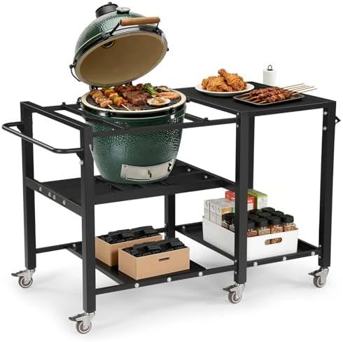 Outdoor Grill Table for Big Green Egg, BBQ Cart with Lockable Wheels