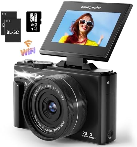 5K 75MP Digital Camera for Photography with WiFi - Autofocus Vlogging Camera for YouTube with 64GB SD Card, 18X Zoom 3" 180° Flip Screen Compact Travel Camera with 2 Batteries for Teens and Beginner