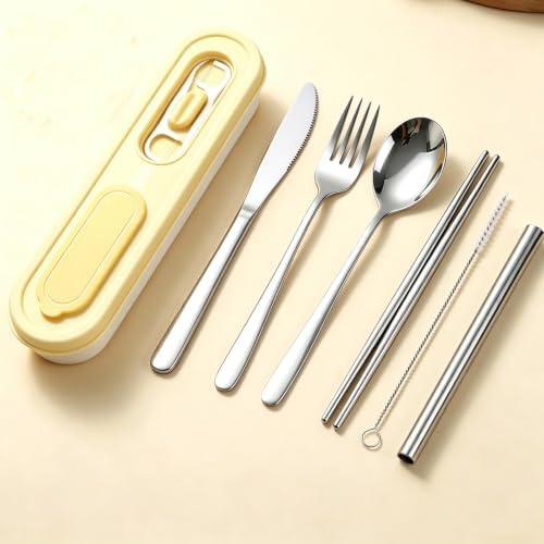 6PCS Travel Utensils with Built-in Floss & Toothpick Case, Dishwasher Safe