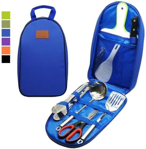Camp Kitchen Utensil Organizer Travel Set Portable BBQ Camping Cookware Stainless Steel Utensils Travel Kit Outdoor Equipment Cutting Board Tongs Scissors Knife Ladle Spatula