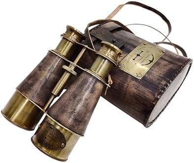 Brass Antique Binoculars, Grey, Brown Leather Strap