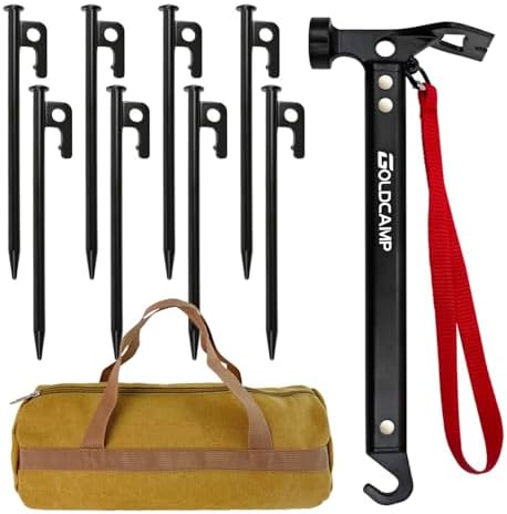 GOLDCAMP Tent Stake Kit, 8 Steel Stakes with Hammer & Canvas Bag