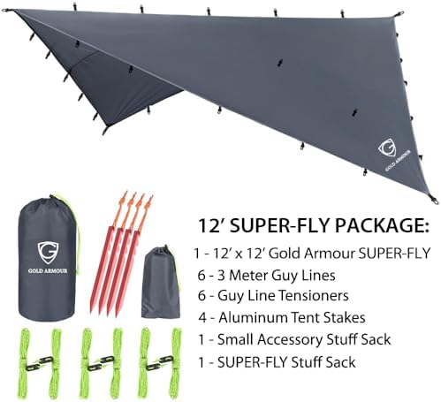 Gold Armour Premium 12ft x 12ft Waterproof Ultralight Camping Shelter Canopy, Must Have Camping Accessories, Gray