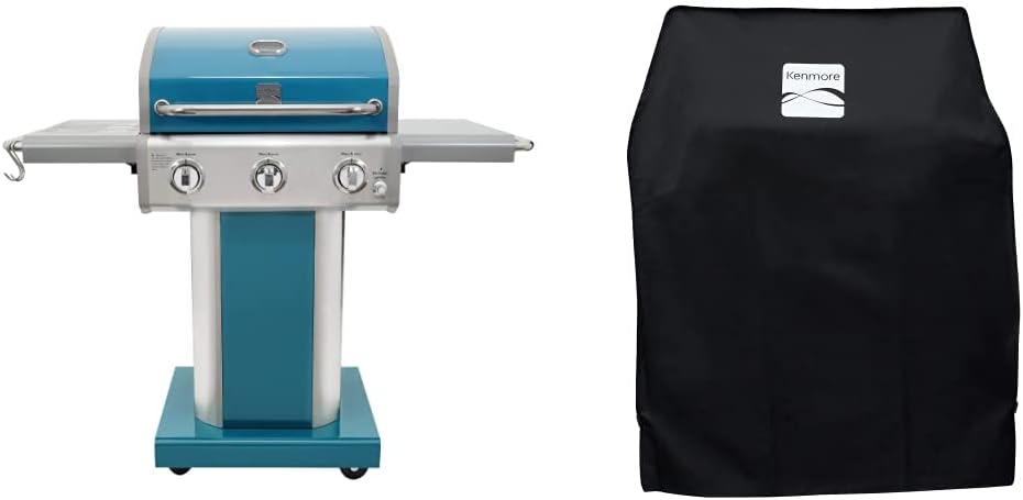 Kenmore 3-Burner Outdoor BBQ Grill | Liquid Propane Barbecue Gas Grill Bundle with Grill Cover