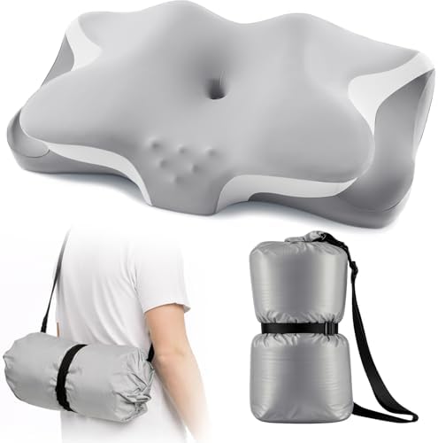 Camping Pillow with Hand-Rolled Vacuum Bag - Cooling Cervical Pillow for Sleeping, Ergonomic Memory Foam Pillows for Indoor & Outdoor Use, Neck Pillow for Side Back Stomach Sleepers Light Grey