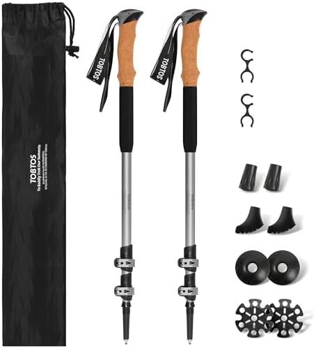TOBTOS Trekking Poles, 2 Pack 7075 Aluminum Walking Sticks with Quick Lock, Lightweight Adjustable Hiking Sticks, Comfortable Cork Grips for Hiking, Walking & Camping