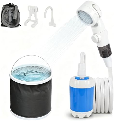 Portable Camping Shower, Outdoor Shower Kit, Hose& Folding Bucket, Rechargeable Powered Portable Shower for Camping, Hiking, Beach,RV,Pet Cleaning & Road Trips
