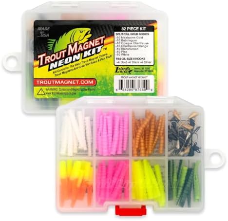 Trout Magnet 82-Piece Neon Fishing Gear Kit, Includes 70 Grub Bodies Trout Bait and 12 Size 8 Hooks