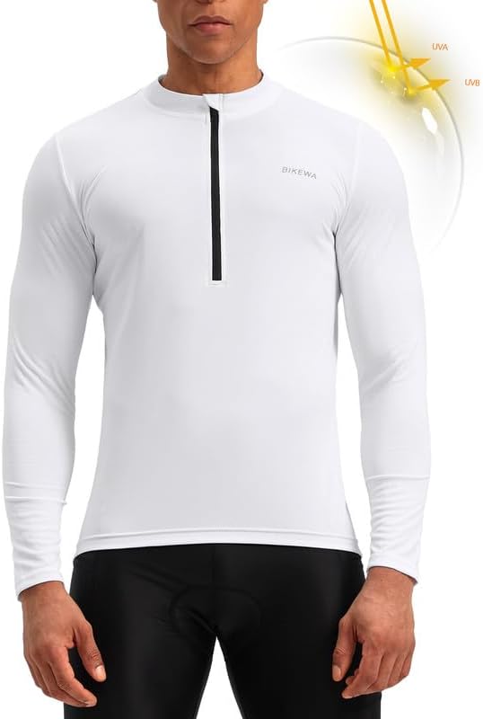 Bikewa Men's Cycling Jersey with 3+1 Rear Zipper Pockets Long Sleeve Moisture Wicking UPF 50+ Half Zip Riding Bike Shirts