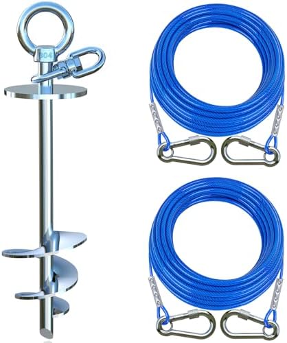 TOPKNOT Dog Tie Out Cable and Stake for Yard,with 2x15FT Heavy Duty Cables,360°Swivel Dog Run Anchor- No Tangle,Runner for Yard - Up to 200LBS,Ideal for Outdoor Camping