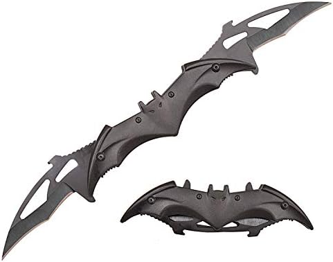 Bat Knife Twin Blade - Pocket Folding Spring Assisted Dual Blades Knives With Belt Clip Rainbow, Red, Black, Gold And Silver (total black-black)