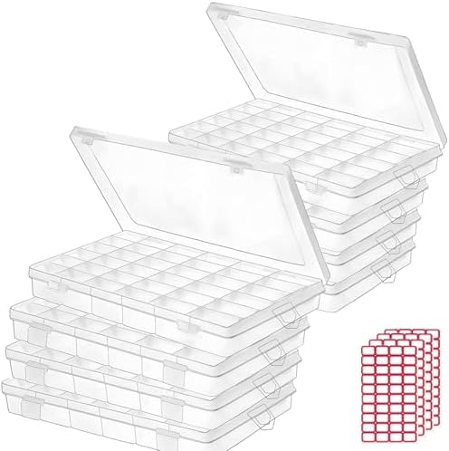 Budreu 8pack 36 Grids Plastic Clear Organizer Box bead Storage Containers with Adjustable Dividers for Craft Jewelry Fishing Tackles Parts Storage with 8 Sheets Label Stickers
