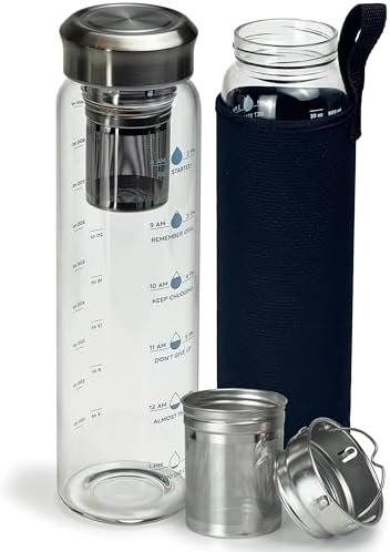 Motivational Glass Water Bottle 32 oz Borosilicate with Neoprene Sleeve and Stainless Steel Lid