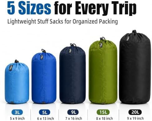 Frelaxy Stuff Sack Set 5-Pack (3L&5L&9L&15L&20L), Ultralight Ditty Bags with Dust Flap for Traveling Hiking Backpacking (Sky Blue&Blue&Navy&Army Green&Black)