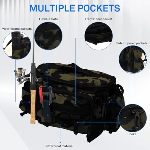 Fishing Waist Bag with Adjustable Belt/Shoulder Strap, Waterproof Tackle Storage Bag, Fishing Fanny Pack for Men, Shoulder Bag, Lures Organizer Pouch, Travel Pack for Running Hiking Outdoor