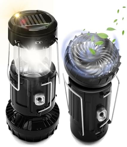 DIBMS 2-Pack Solar Camping Fan w/ Lantern, Collapsible LED Hanging Lights