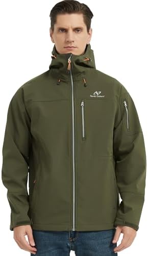 NORDIC OUTLAND Men's Waterproof Softshell Rain Jacket, Hooded Windbreaker 7 Pockets, Lightweight Shell for Outdoor Activities
